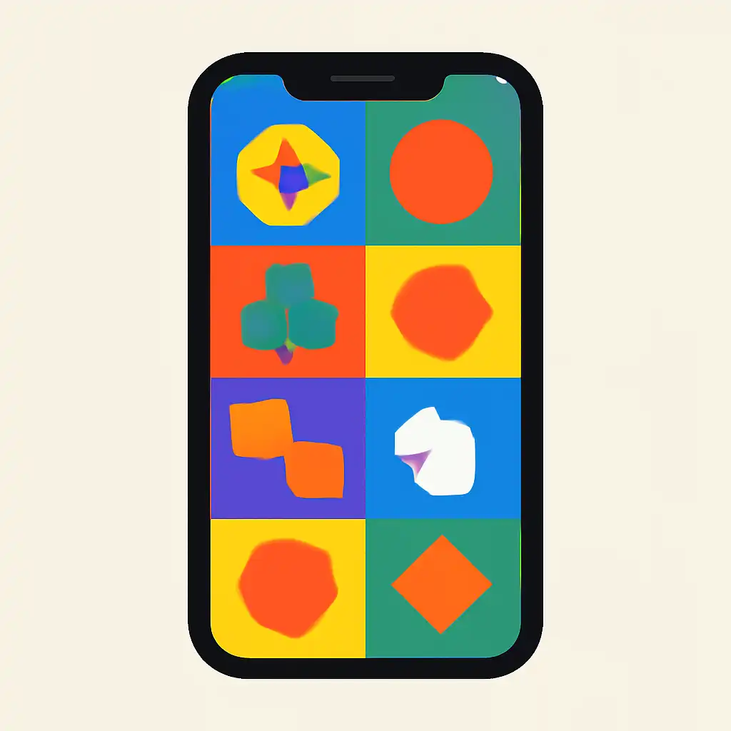 Smartphone shown from the front displaying a colourful flat layout of abstract game icons and rounded tiles (no text, no letters, no labels), Jai Club