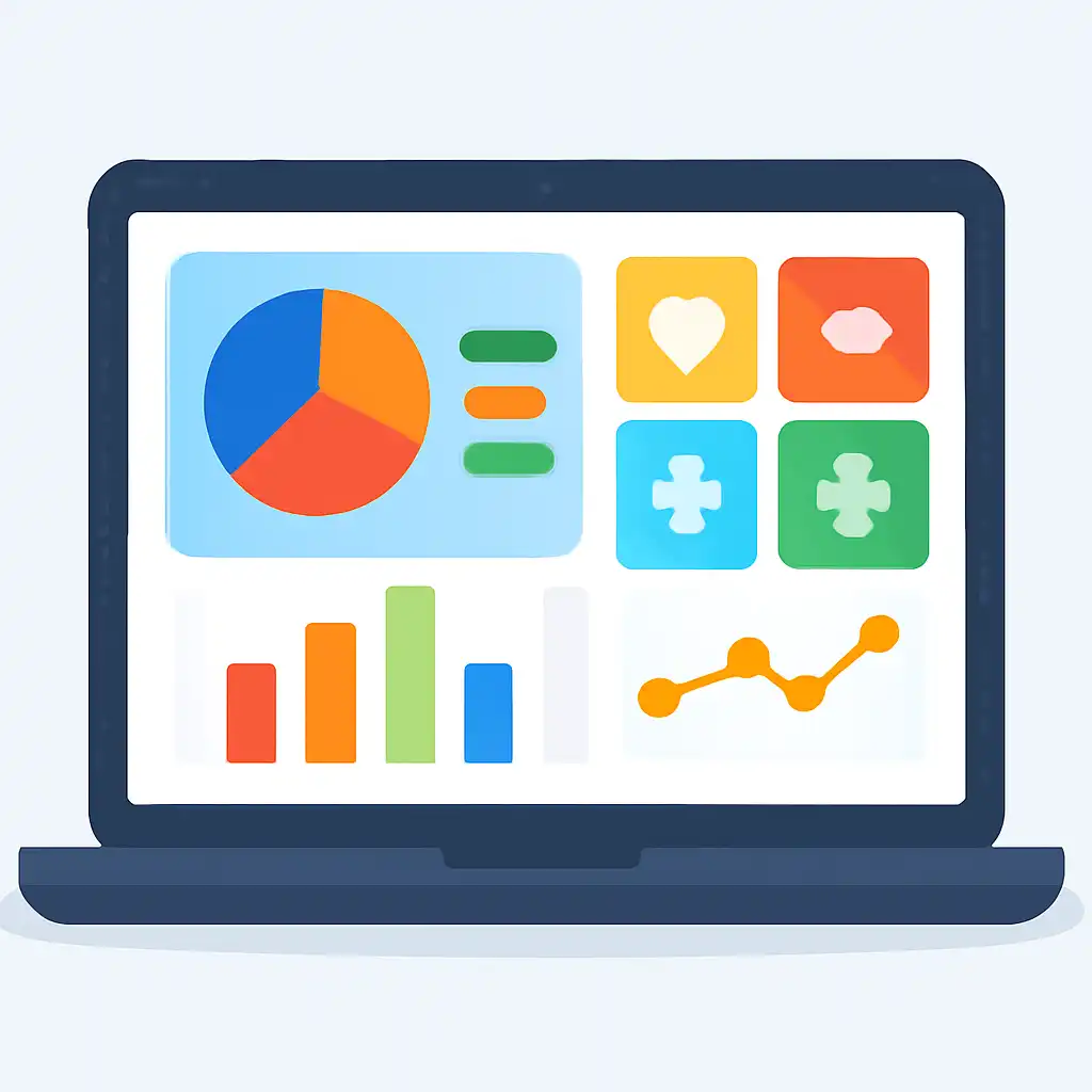 Laptop shown from the front displaying a colourful flat dashboard of abstract charts, bars and icon tiles (no text, no letters, no labels), Jai Club