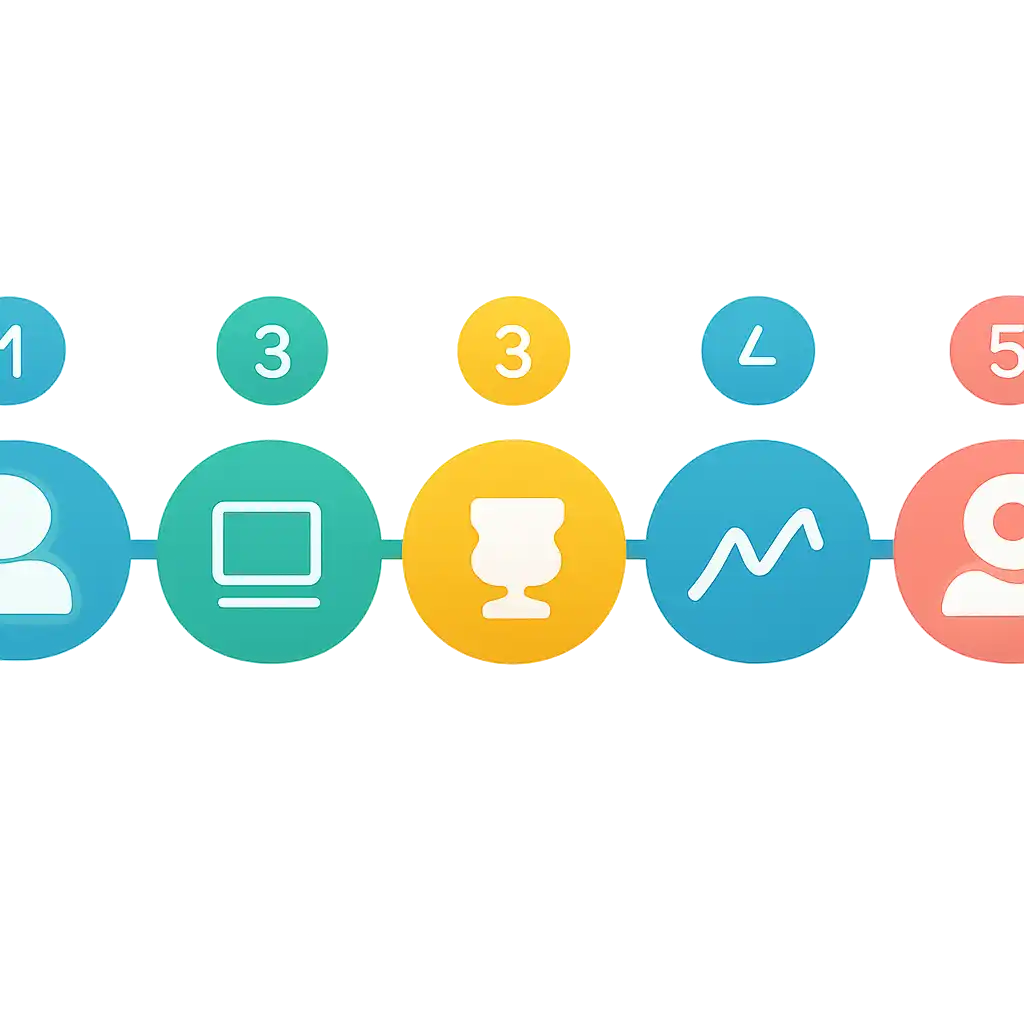 Five numbered circular icons connected by arrows in a horizontal flow, flat illustration, icons only, no words, Jai Club steps